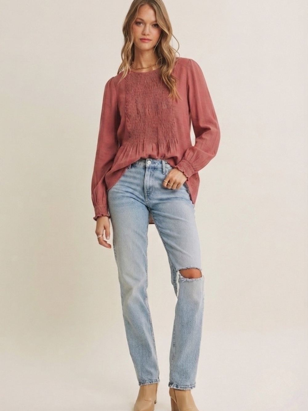 Andrèe By Unit Rust Red Smocked Long Sleeve Blouse Top Size Medium NWT